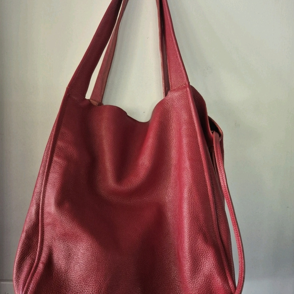 ZARA Leather Large Slouch Shoulder Bag, Deep Red. - Picture 2 of 7